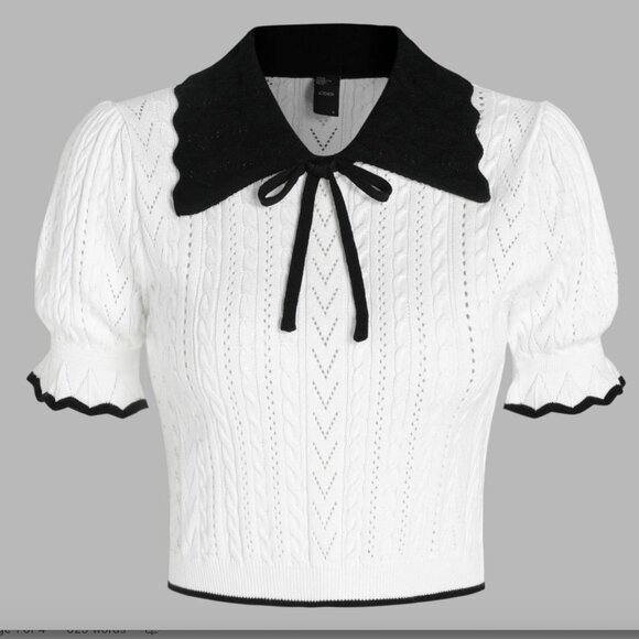 Cider Collar Contrasting Trim Knit Short Sleeve Crop Top Pointelle - Picture 8 of 8